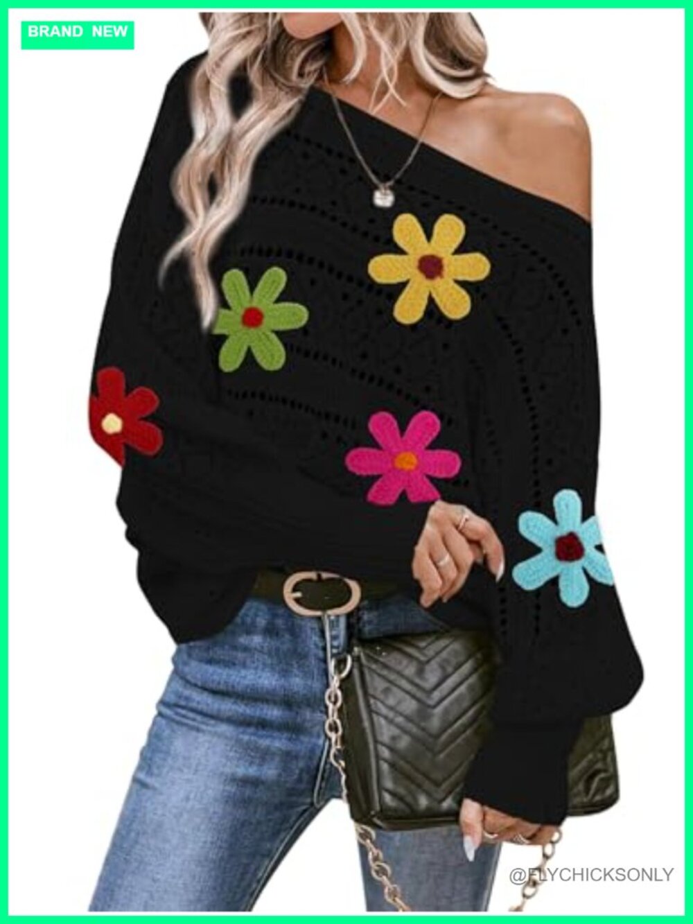 Womens Floral Off Shoulder Oversized Pullover Sweater Batwing Sleeve Knit